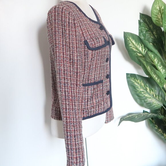 Soaked in Luxury Navy & Tan Tweed Blazer Bouclé Cropped Shoulder Pad Jacket Sz 6 - Picture 6 of 16